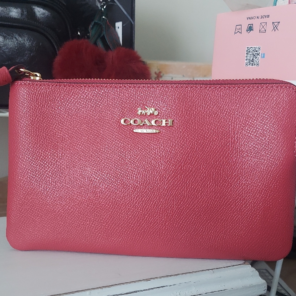 Coach Pink Leather Wristlet with Gold Logo